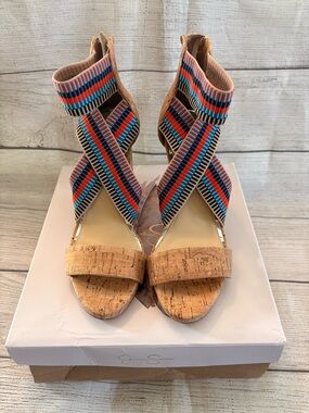 Jessica Simpson Cork Wedge Sandals with Striped Elastic Crisscross